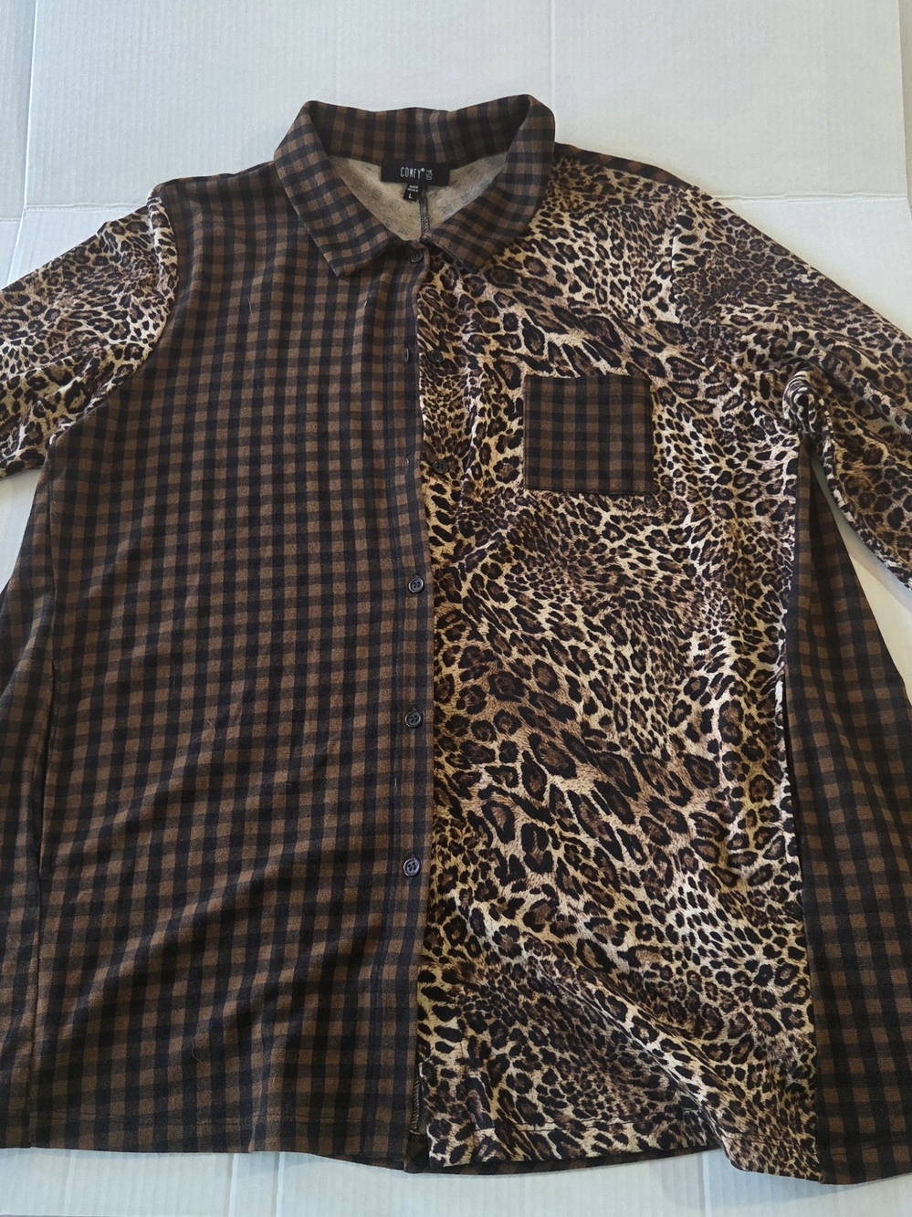 Brown Plaid and Leopard Print Button-Up Shirt